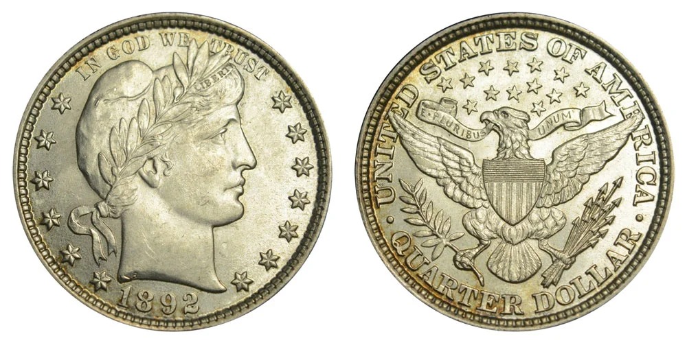 1892 Barber Quarter obverse and reverse showing Liberty portrait and heraldic eagle
