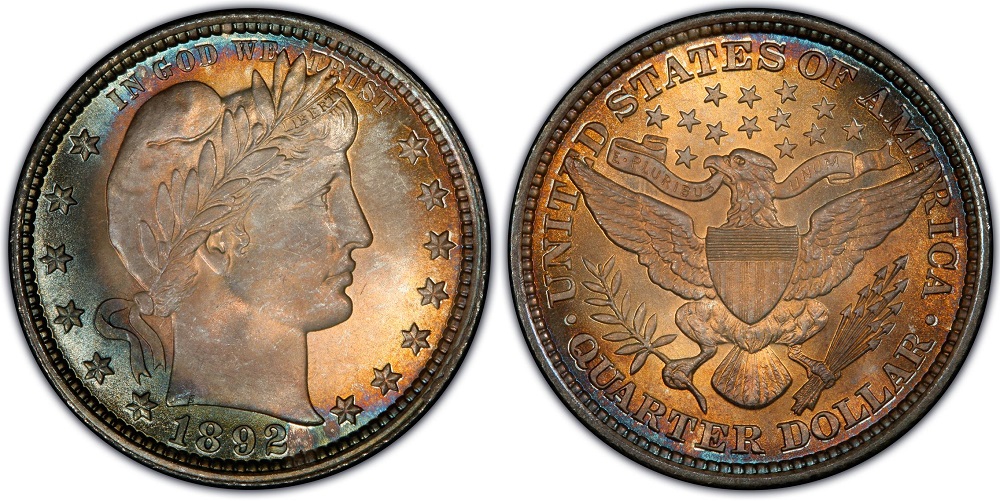 Side-by-side comparison of 1892 Barber Quarter Type I Reverse versus Type II Reverse showing eagle wingtip on letter E in UNITED