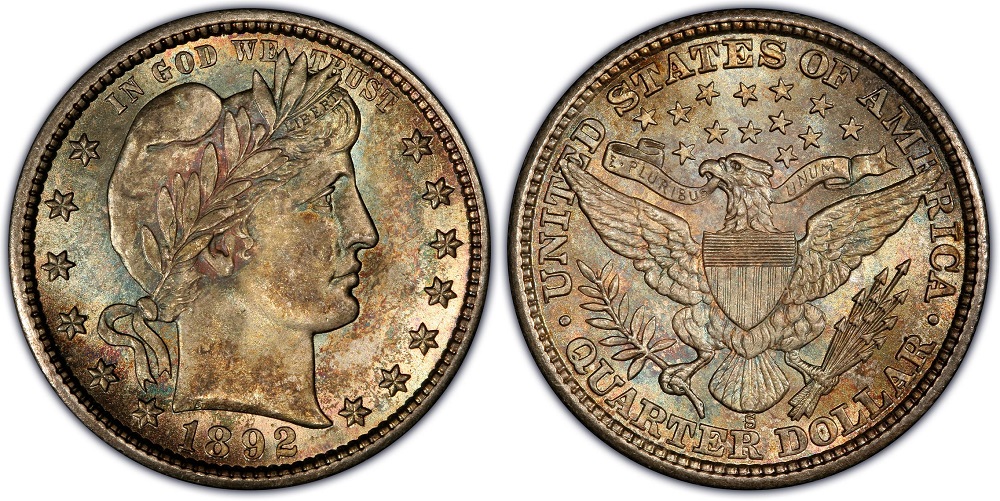 1892-S Barber Quarter reverse showing the S mint mark between eagle tail feathers and QUARTER DOLLAR denomination