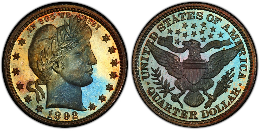 1892 Proof Barber Quarter in PCGS holder showing mirror-like fields and frosted Liberty portrait cameo contrast