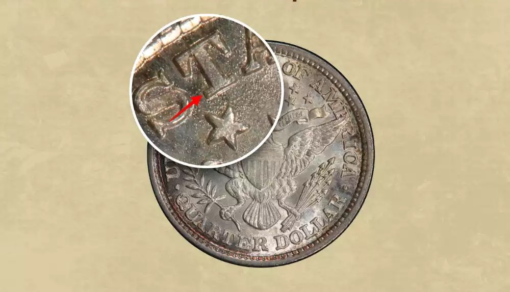 1892 Barber Quarter obverse close-up showing doubled or tripled die on IN GOD WE TRUST motto letters