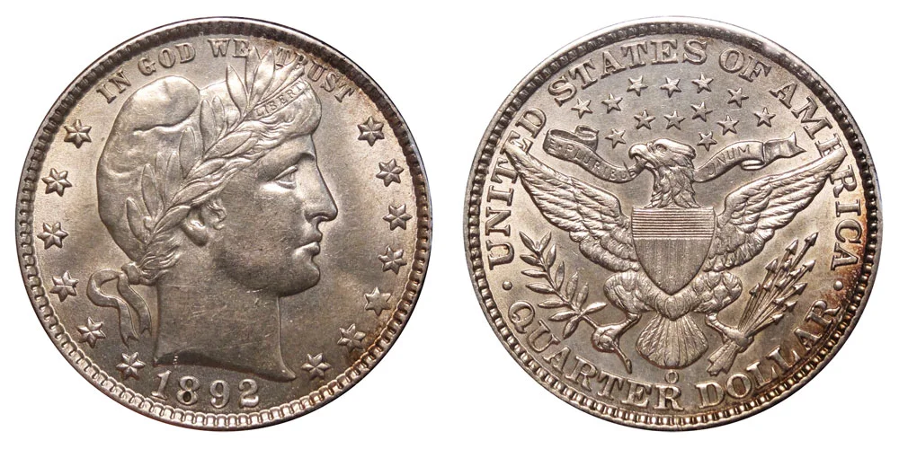 1892-O Barber Quarter reverse showing the O mint mark from New Orleans Mint with typical strike characteristics