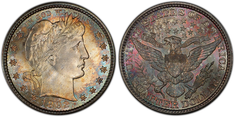 Group of 1892 Barber Quarters showing various grades from worn to uncirculated, or historical photo of the Philadelphia Mint circa 1892