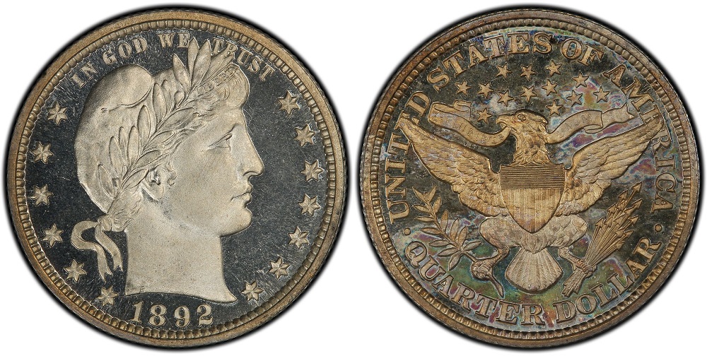 1892 Barber Quarter grading strip showing four condition tiers from Good (worn) to Gem MS (uncirculated) in a horizontal row